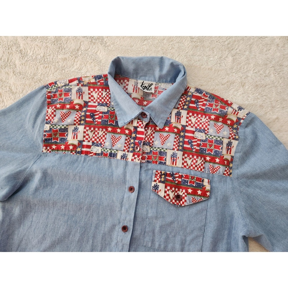 Vintage 80s Tap & Co. Button Front Shirt Red White Blue Theme‎ Womens L?